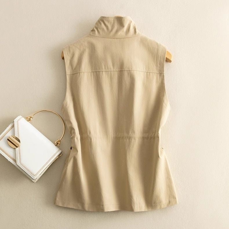 Women’s Solid Color Zipper Vest – Loose Fit Polo Collar Sleeveless Jacket | Elegant Commuter Style - Negative Apparel