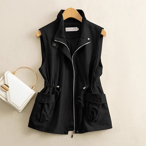 Women’s Solid Color Zipper Vest – Loose Fit Polo Collar Sleeveless Jacket | Elegant Commuter Style - Negative Apparel
