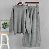 Women’s Solid Grey Acrylic Casual Two - Piece Set | Long Sleeve Top & Pants | Korean Minimalist Loungewear | Summer 2025 - Negative Apparel
