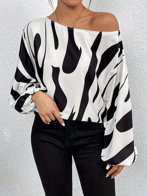 Women’s Spring 2025 Off - Shoulder Printed Pullover Blouse – Loose Fit Long Sleeve - Negative Apparel