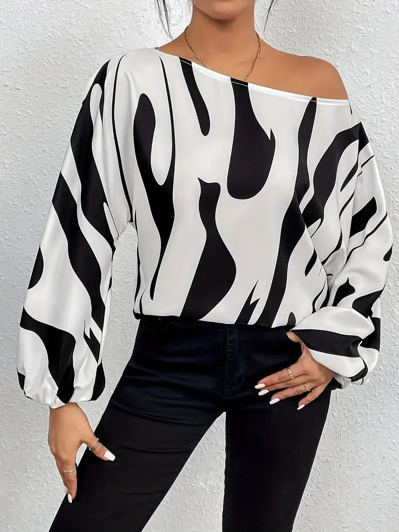 Women’s Spring 2025 Off - Shoulder Printed Pullover Blouse – Loose Fit Long Sleeve - Negative Apparel