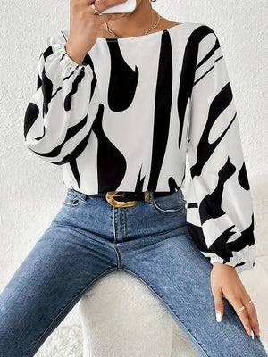 Women’s Spring 2025 Off - Shoulder Printed Pullover Blouse – Loose Fit Long Sleeve - Negative Apparel