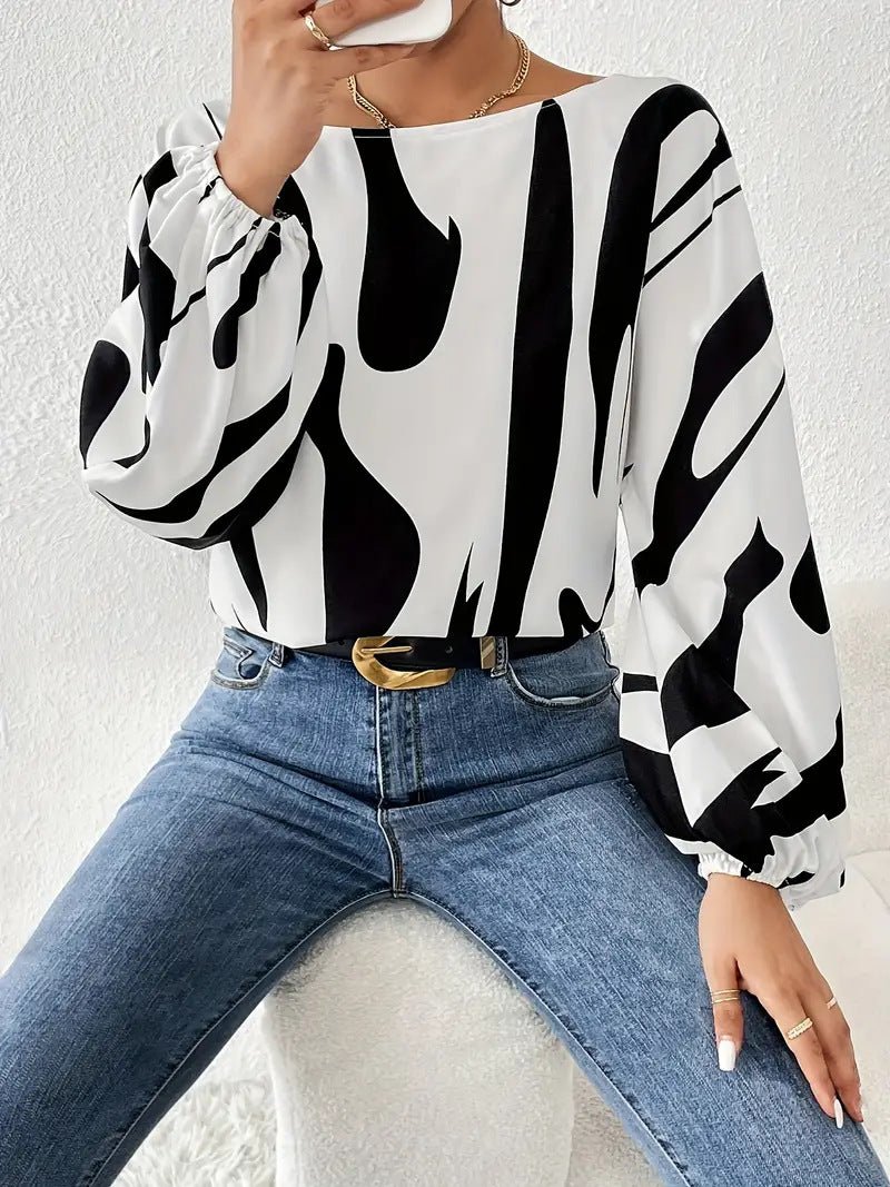Women’s Spring 2025 Off - Shoulder Printed Pullover Blouse – Loose Fit Long Sleeve - Negative Apparel