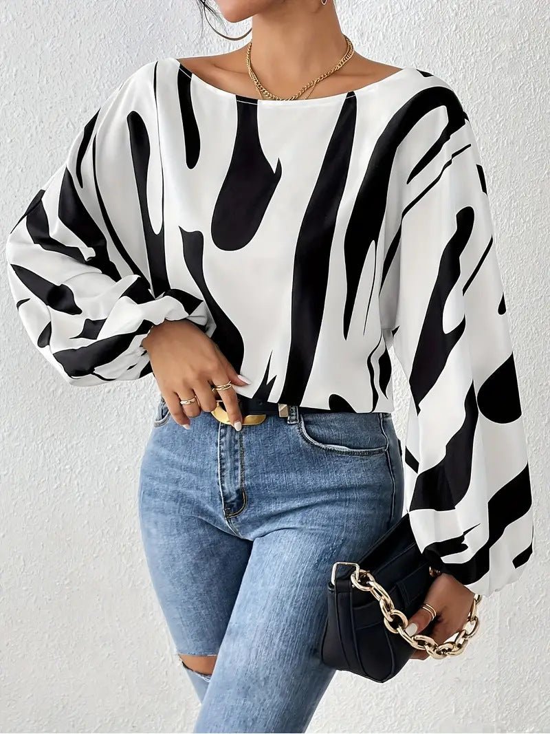 Women’s Spring 2025 Off - Shoulder Printed Pullover Blouse – Loose Fit Long Sleeve - Negative Apparel