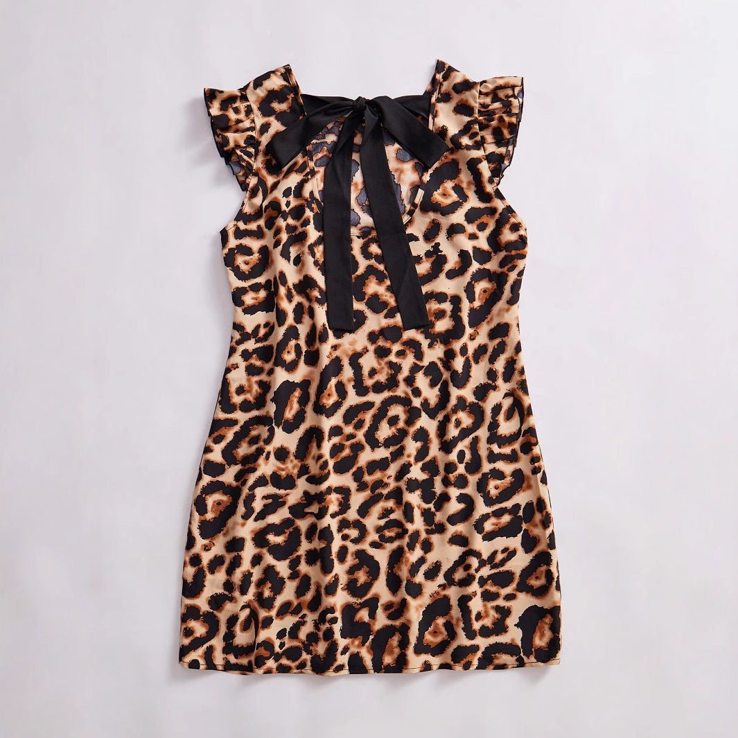 women's spring and summer an and n fashion leopard dress neckline tie flying sleeves A - line skirt midi skirt - Negative Apparel
