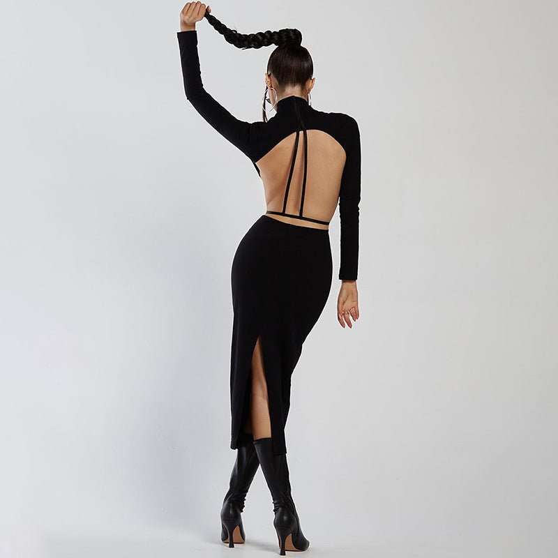 Women's spring fashion new sexy backless high collar long sleeve dress - Negative Apparel