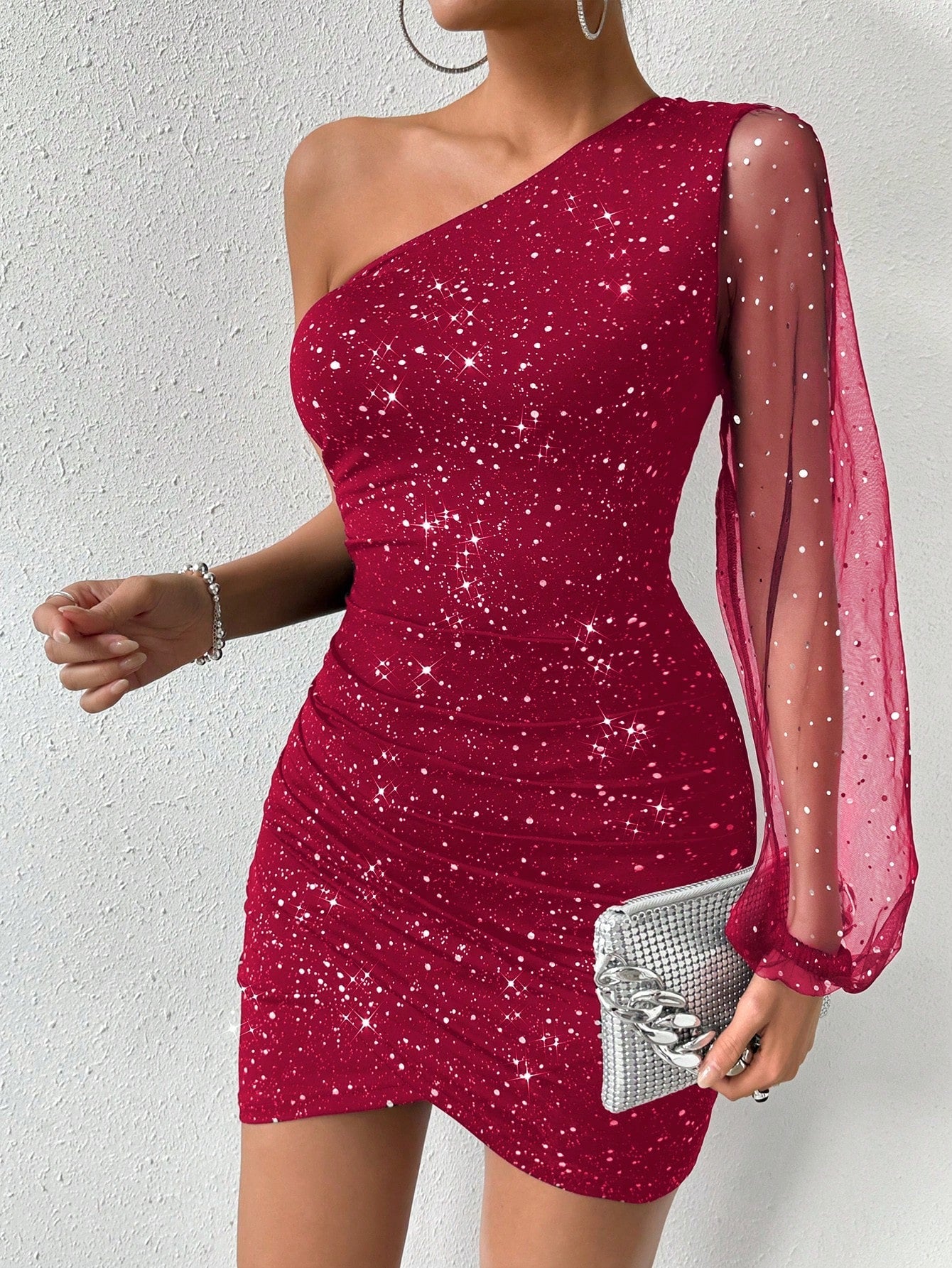 Women's Spring Summer Party Sequin Mesh Sheer Sleeve Metallic Fabric Bodycon One Shoulder Dress For New Year Clothes Red Glitter Dressred Sparkly Dressone Shoulder Dressred Sequin Dressglitz And Glam Dress - Negative Apparel