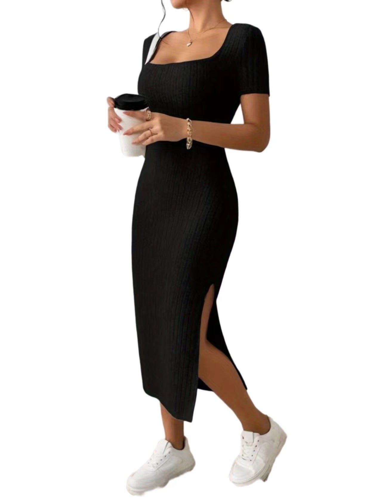 Women's square collar sxy slim fit bodycon slit dress - Negative Apparel