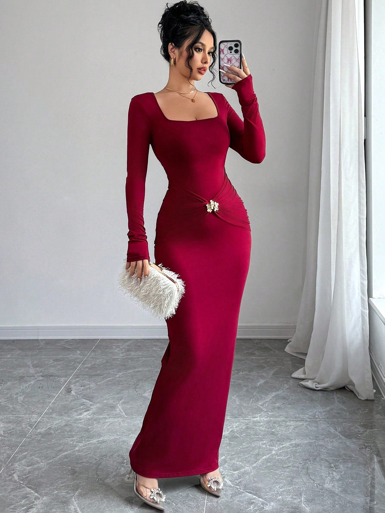Women's Square Neck Floral Decor Metal Ring Pendant Long Sleeve Long Dress - Negative Apparel