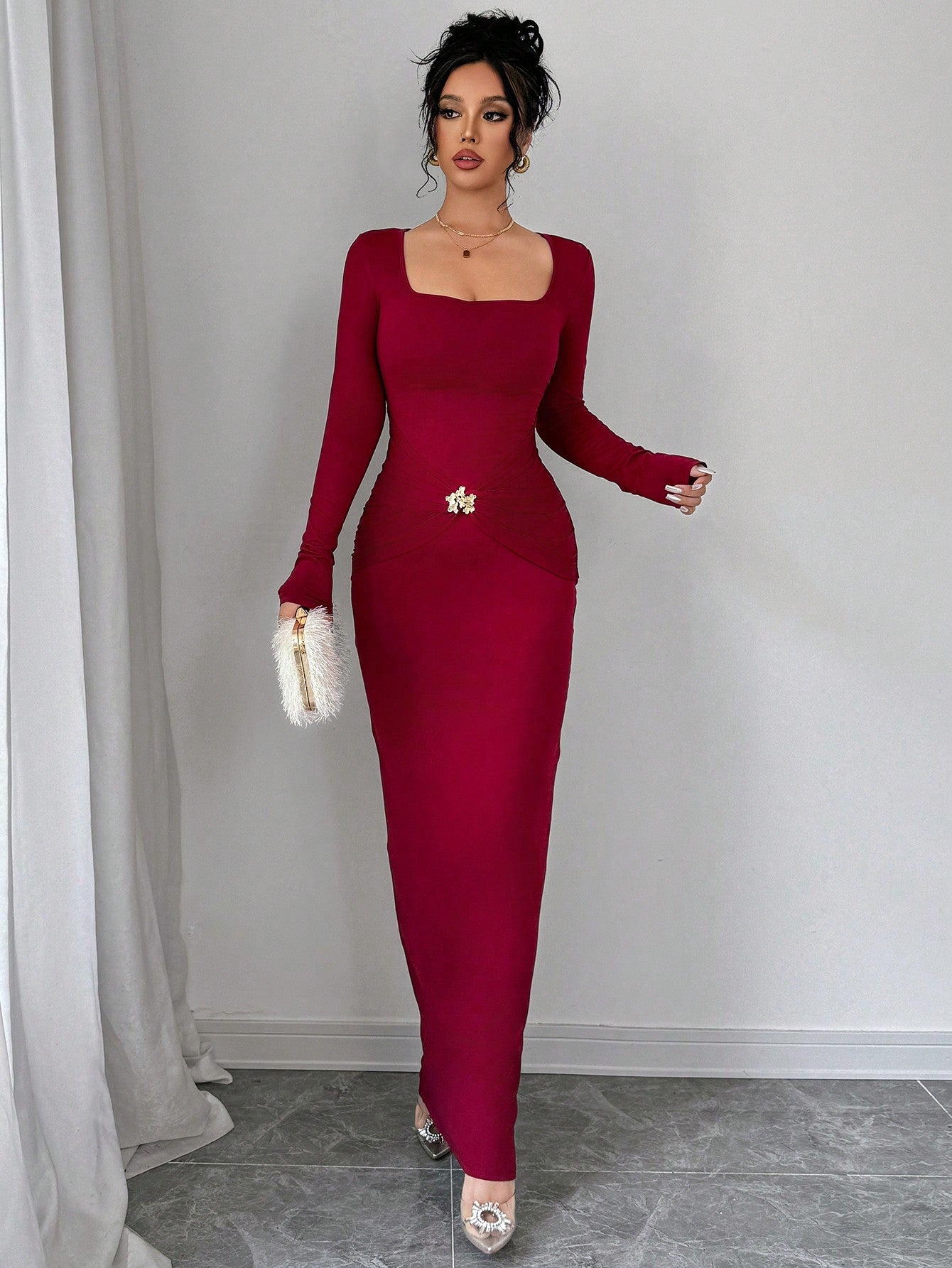 Women's Square Neck Floral Decor Metal Ring Pendant Long Sleeve Long Dress - Negative Apparel