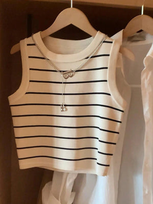 Women's Striped Crew Neck Casual Versatile Tank Top FD - Negative Apparel