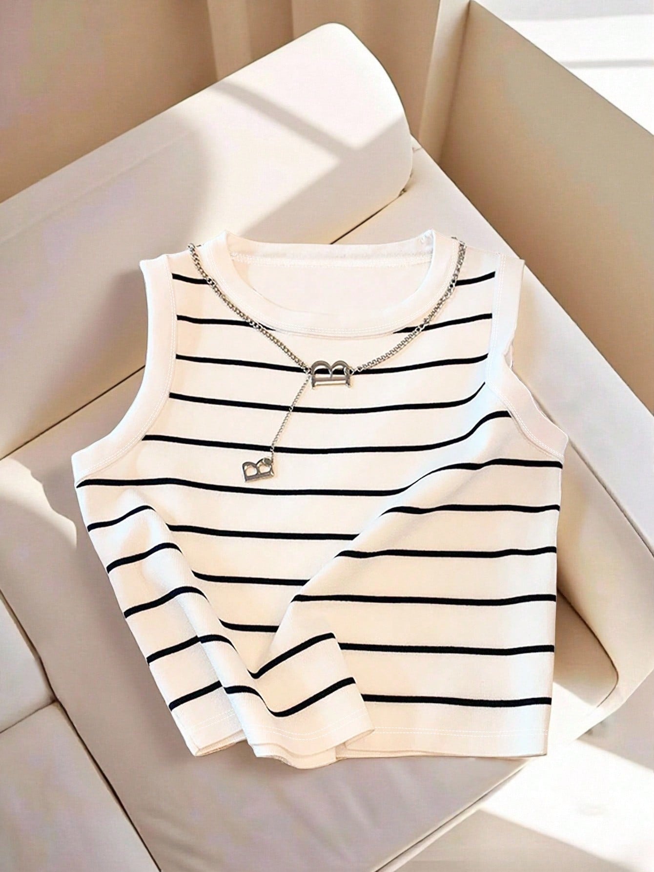 Women's Striped Crew Neck Casual Versatile Tank Top FD - Negative Apparel