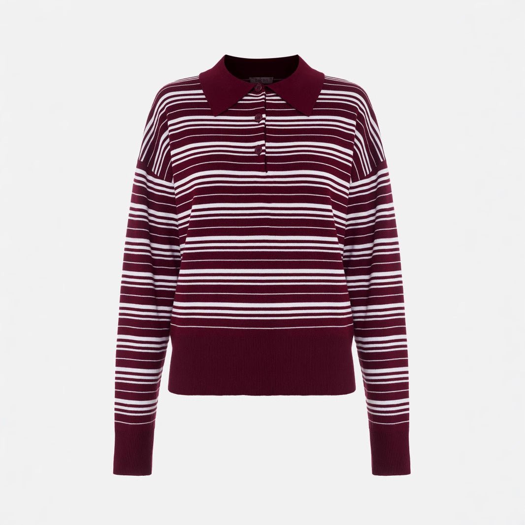 Women’s Striped Lapel Pullover Sweater | Loose Fit Casual Knit Top | Japanese & Korean Contrast Color Knitwear – Summer 2025 Collection - Negative Apparel