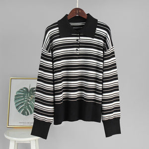 Women’s Striped Lapel Pullover Sweater | Loose Fit Casual Knit Top | Japanese & Korean Contrast Color Knitwear – Summer 2025 Collection - Negative Apparel
