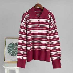 Women’s Striped Lapel Pullover Sweater | Loose Fit Casual Knit Top | Japanese & Korean Contrast Color Knitwear – Summer 2025 Collection - Negative Apparel