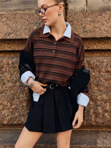 Women’s Striped Lapel Pullover Sweater | Loose Fit Casual Knit Top | Japanese & Korean Contrast Color Knitwear – Summer 2025 Collection - Negative Apparel