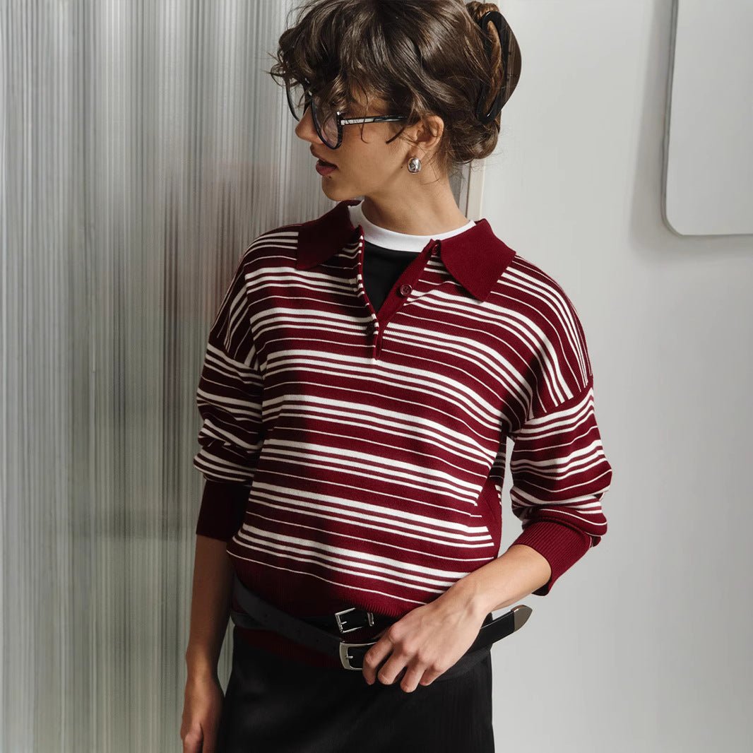 Women’s Striped Lapel Pullover Sweater | Loose Fit Casual Knit Top | Japanese & Korean Contrast Color Knitwear – Summer 2025 Collection - Negative Apparel