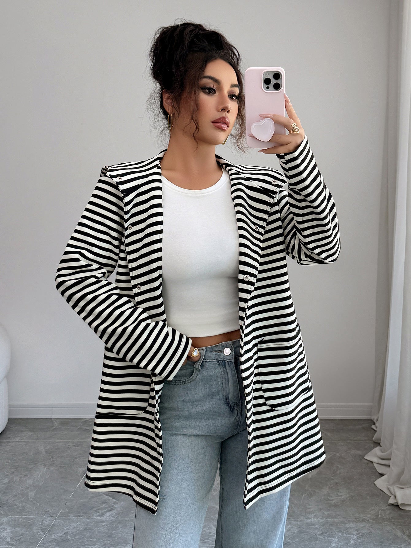Women’s Striped Long Knitted Cardigan | Lapel Button - Down – Autumn 2025 - Negative Apparel