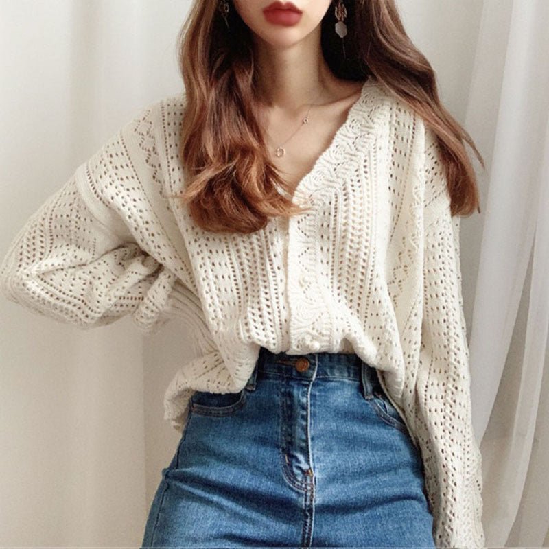 Women’s Striped V - Neck Cardigan – Japanese & Korean Casual Style - Negative Apparel