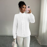 Women’s Striped Woven Blouse with Lotus Leaf Collar - Negative Apparel