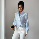 Women’s Striped Woven Blouse with Lotus Leaf Collar - Negative Apparel