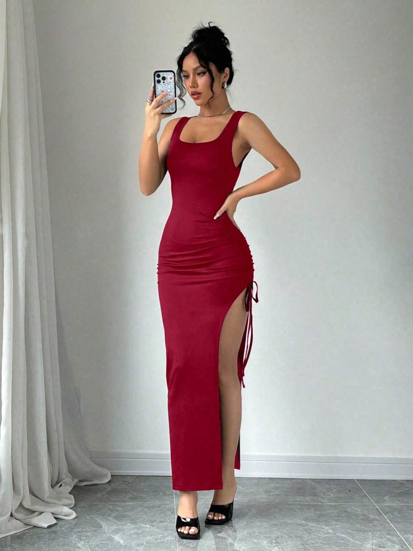 Women's Summer Casual Side Drawstring High Slit Knit Bodycon Dress - 2 (XS) / Red Women's Summer Casual Side Drawstring High Slit Knit Bodycon Dress - 2 (XS) / Red