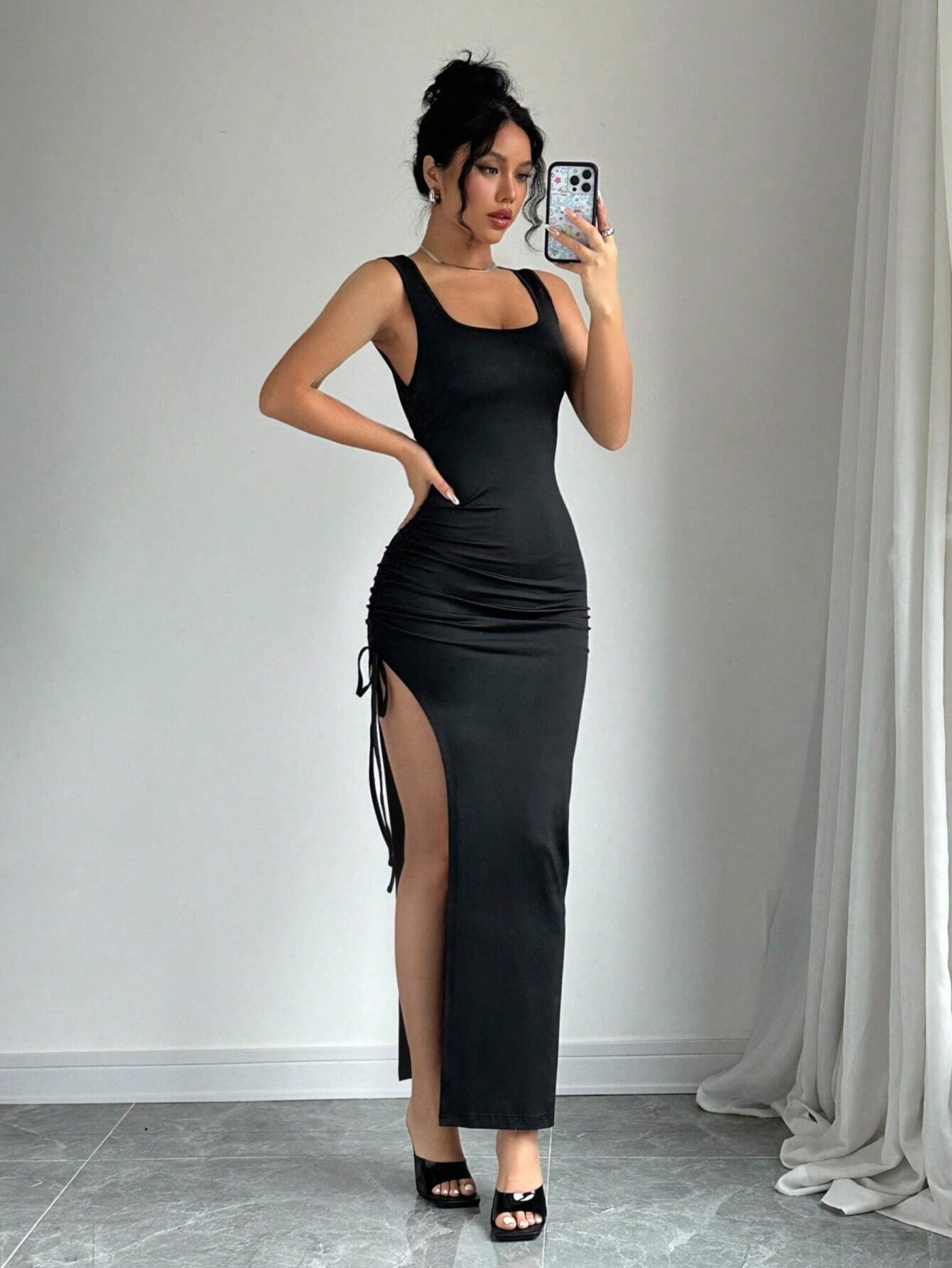 Women s Summer Casual Side Drawstring High Slit Knit Bodycon Dress Negative Apparel