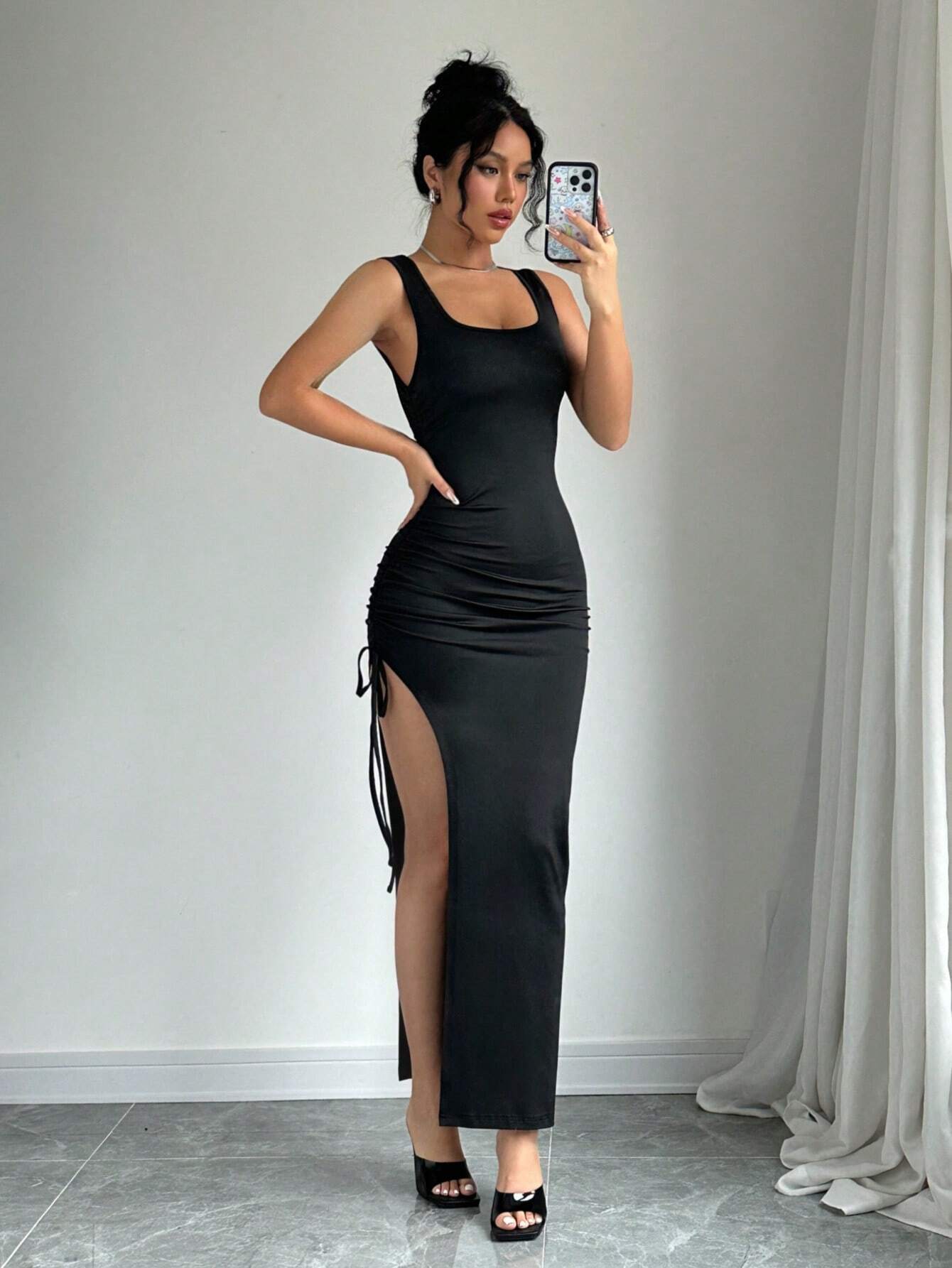 Women's Summer Casual Side Drawstring High Slit Knit Bodycon Dress - 4 (S) / Black Women's Summer Casual Side Drawstring High Slit Knit Bodycon Dress - 4 (S) / Black