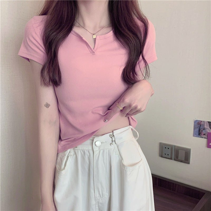 Women's summer design pink slim navel - baring hot girl women's T-shirt short sleeve 2025 summer - Negative Apparel