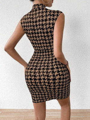 Women's Summer Sleeveless Bodycon Mock Neck Dress In Houndstooth Pattern - Negative Apparel