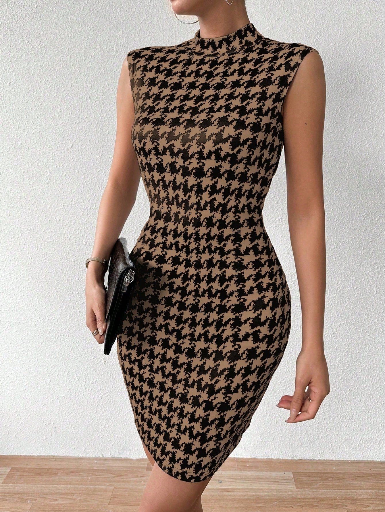 Women's Summer Sleeveless Bodycon Mock Neck Dress In Houndstooth Pattern - Negative Apparel