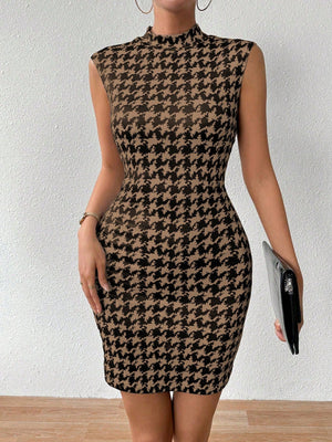 Women's Summer Sleeveless Bodycon Mock Neck Dress In Houndstooth Pattern - Negative Apparel