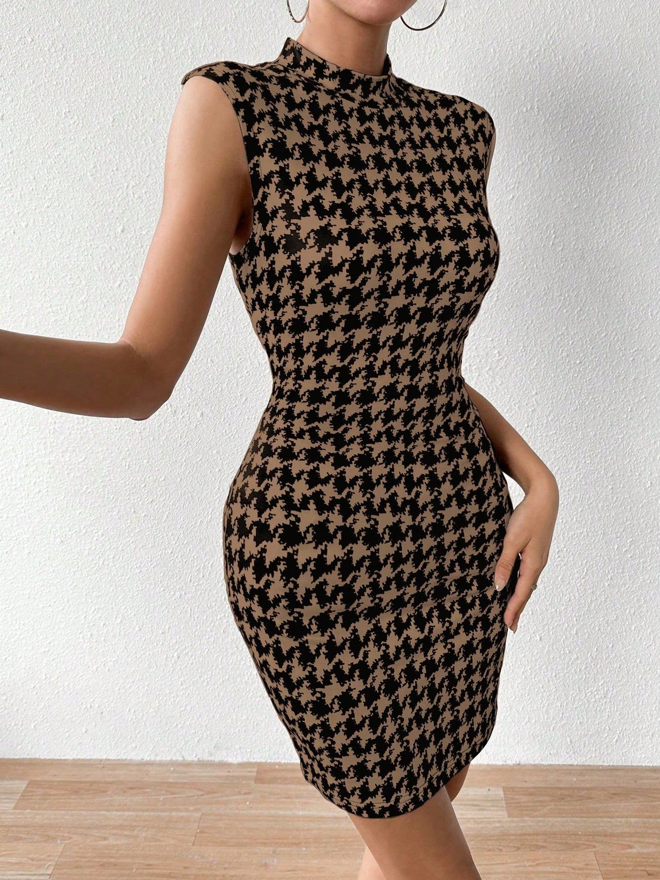 Women's Summer Sleeveless Bodycon Mock Neck Dress In Houndstooth Pattern - Negative Apparel