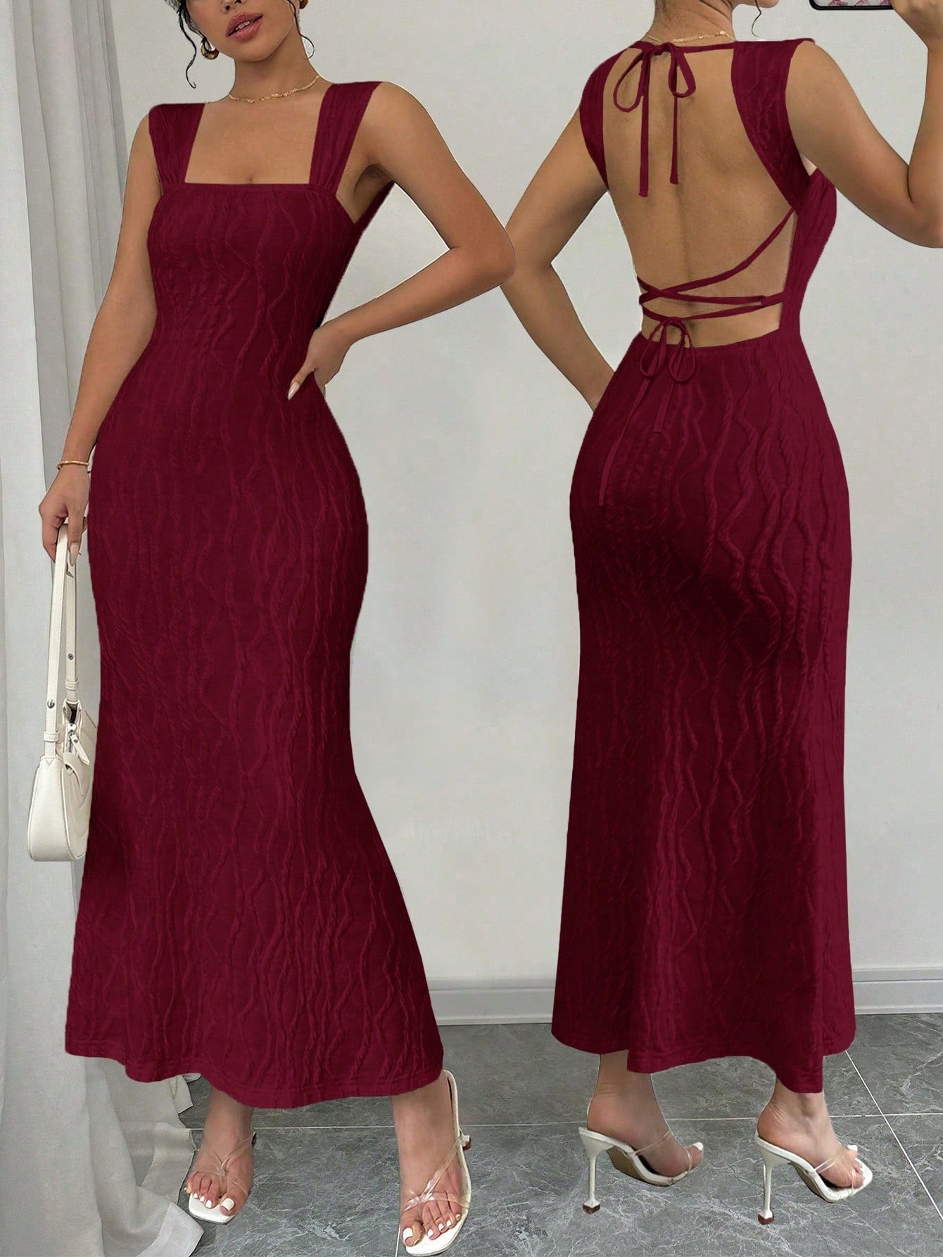 Women's Summer Solid Color Fishtail Hem Spaghetti Strap Bodycon Backless Dress Maxi Women Outfit - Negative Apparel