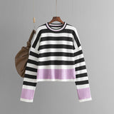 Womens sweater cross - border striped long - sleeved round neck knitted sweater tops for women - Negative Apparel