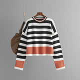 Womens sweater cross - border striped long - sleeved round neck knitted sweater tops for women - Negative Apparel