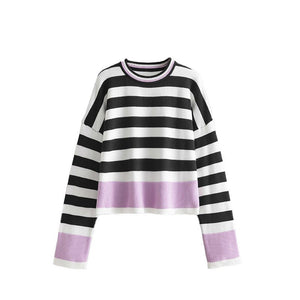 Womens sweater cross - border striped long - sleeved round neck knitted sweater tops for women - Negative Apparel