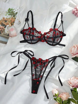 Women's Sxy Embroidered Floral See - Through Bra With Side Tied Thong Lingerie Set - Negative Apparel