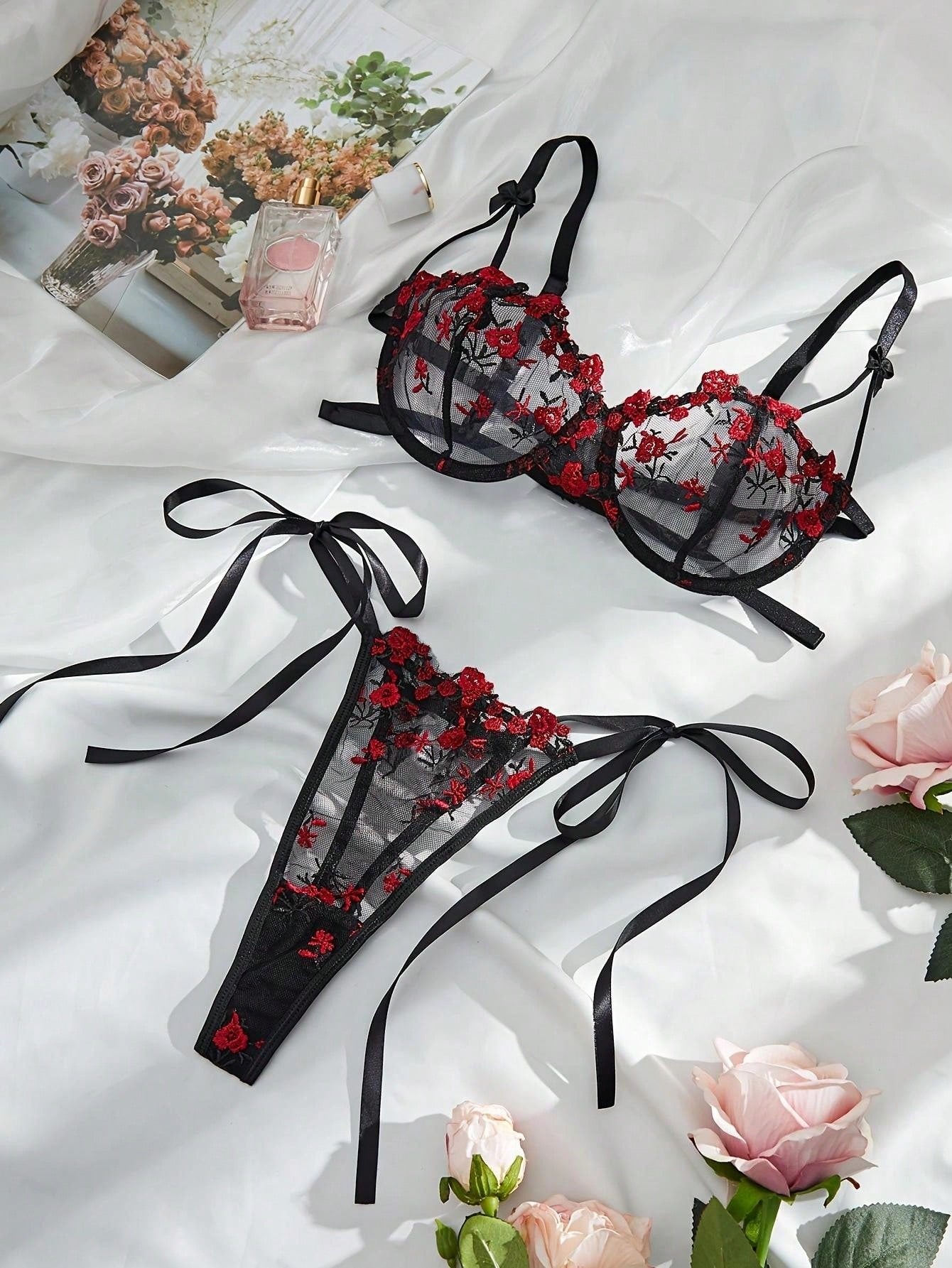 Women's Sxy Embroidered Floral See - Through Bra With Side Tied Thong Lingerie Set - Negative Apparel