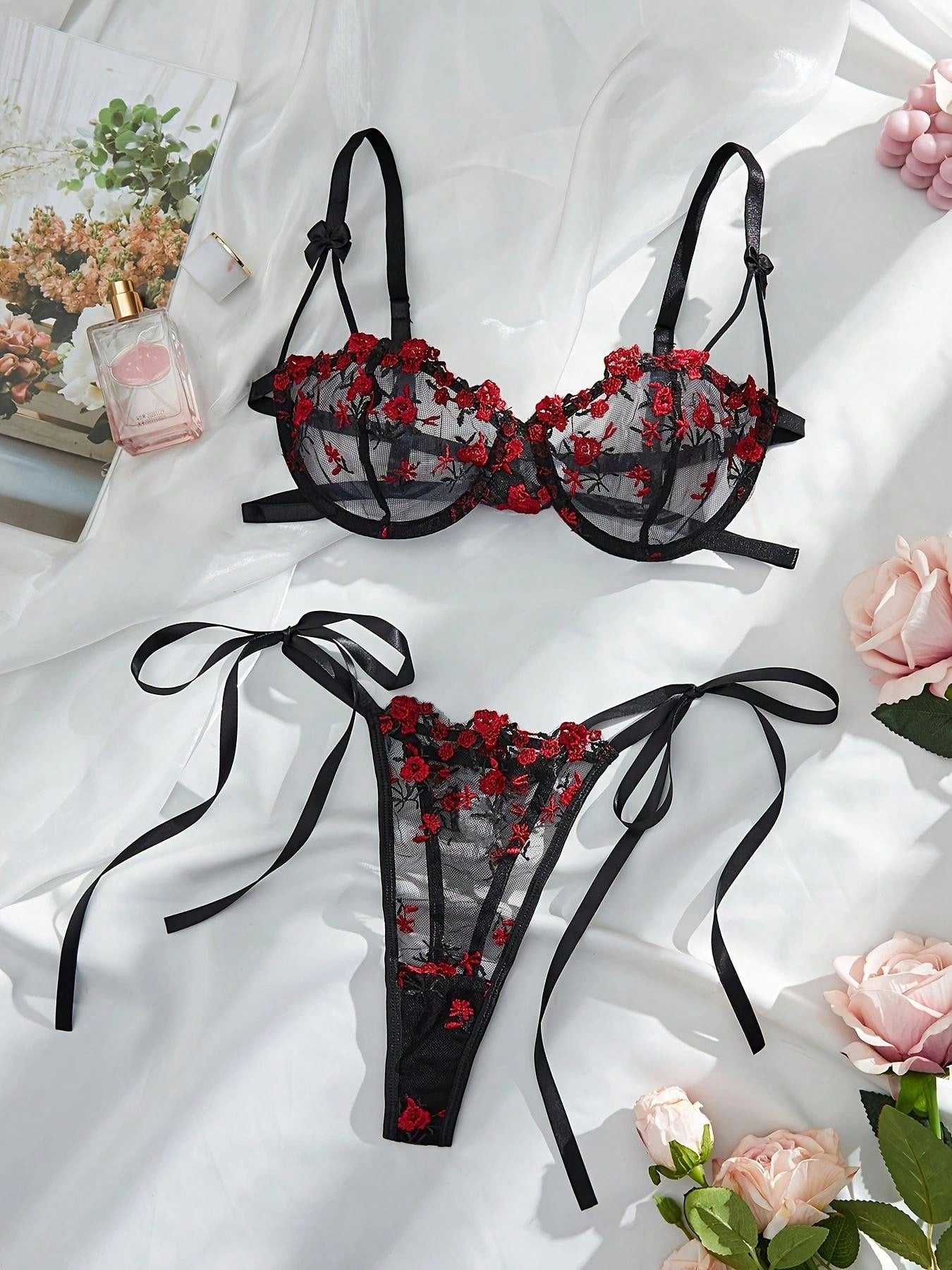 Women's Sxy Embroidered Floral See - Through Bra With Side Tied Thong Lingerie Set - Negative Apparel