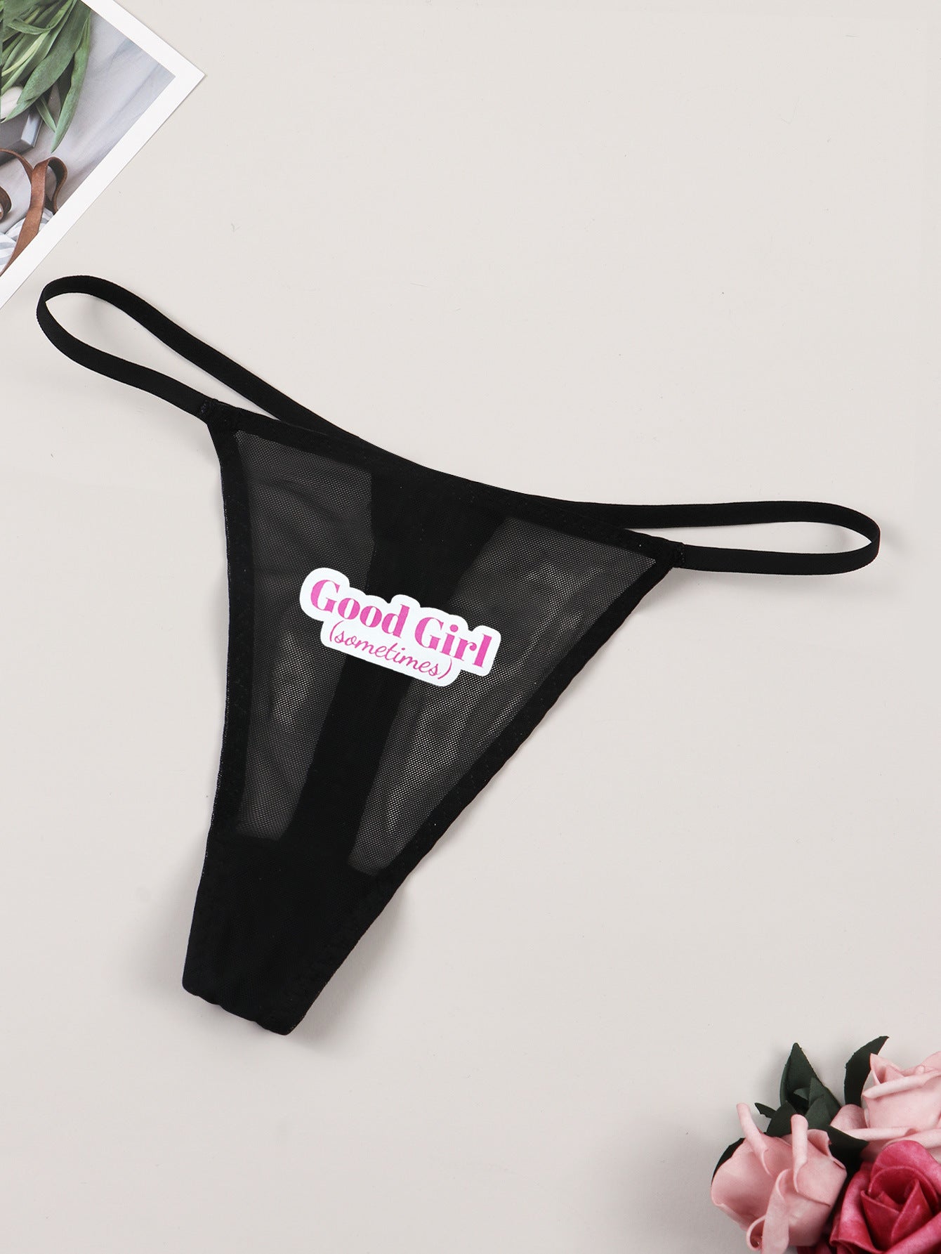 Women's Sxy Mesh Breathable Thong Underwear With Slogan Print - Negative Apparel