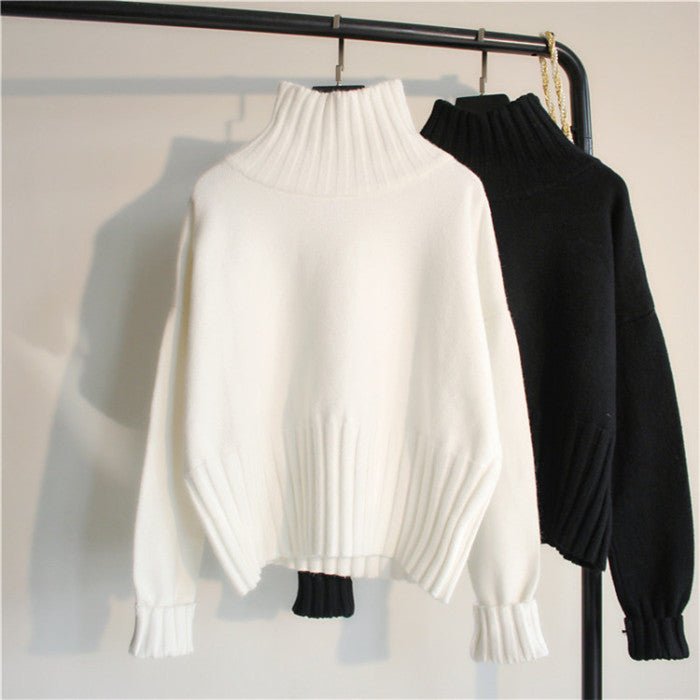 Women’s Thick High Neck Knit Sweater | Elegant Slim Fit Pullover Top – Black & White | Autumn Winter Commuter Style - Negative Apparel