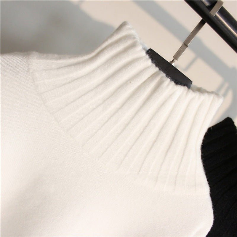 Women’s Thick High Neck Knit Sweater | Elegant Slim Fit Pullover Top – Black & White | Autumn Winter Commuter Style - Negative Apparel