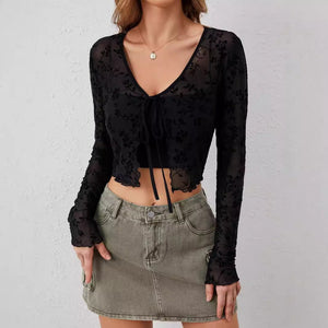Women's transparent mesh flocking front lace - up long - sleeved top - Negative Apparel