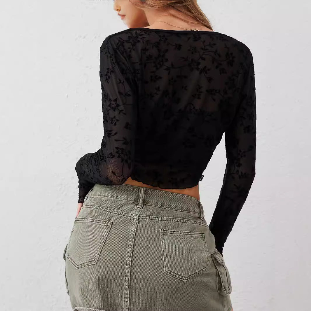 Women's transparent mesh flocking front lace - up long - sleeved top - Negative Apparel