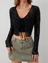 Women's transparent mesh flocking front lace - up long - sleeved top - Negative Apparel