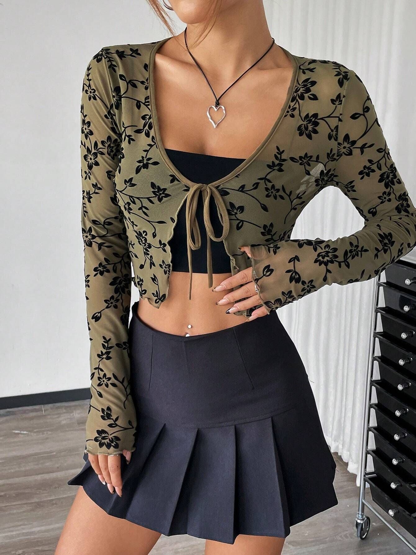 Women's transparent mesh flocking front lace - up long - sleeved top - Negative Apparel