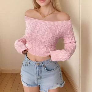 Women’s Twist Knit Off - Shoulder Pullover Sweater – Slim Fit Cropped Style - Negative Apparel