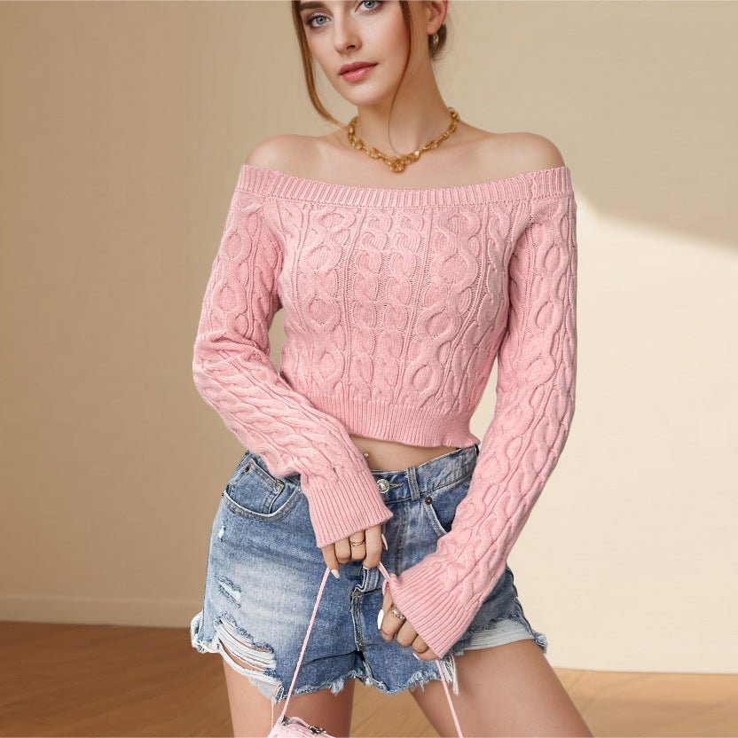 Women’s Twist Knit Off - Shoulder Pullover Sweater – Slim Fit Cropped Style - Negative Apparel