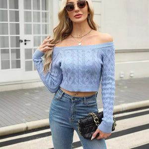 Women’s Twist Knit Off - Shoulder Pullover Sweater – Slim Fit Cropped Style - Negative Apparel